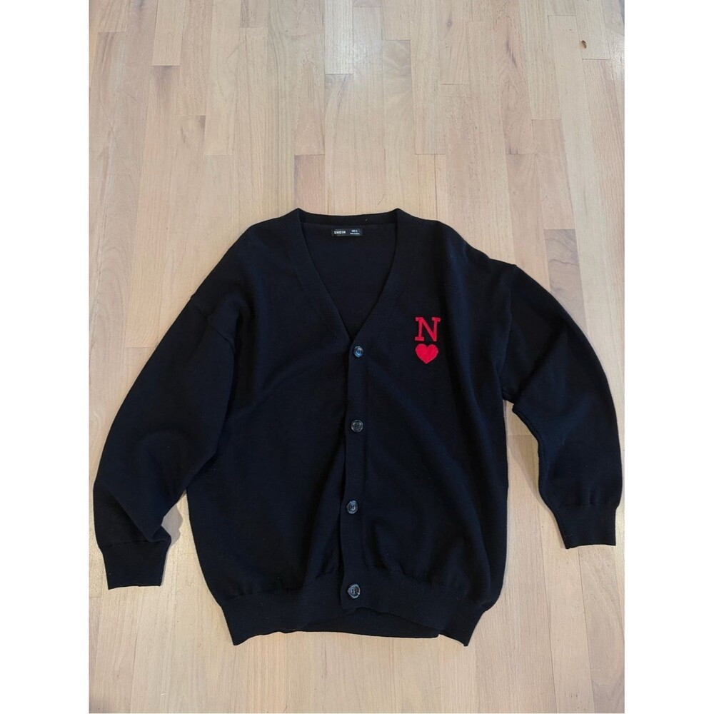 Men’s Black V-Neck Knit Cardigan Sweater Embroidered Preppy Graphic Oversized XL